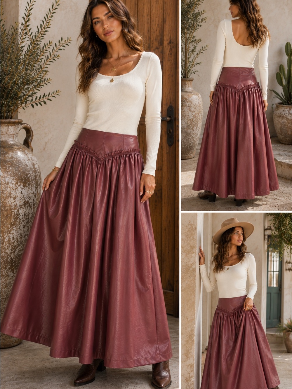 Women's Faux Leather Maxi Dress in Burgundy